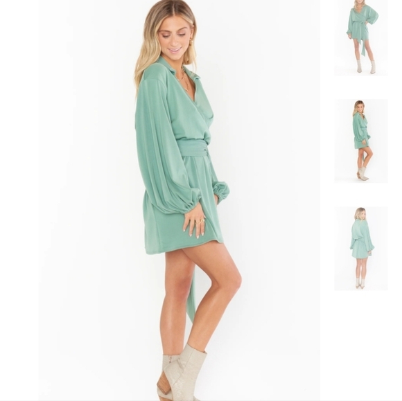 Show Me Your Mumu Chloe Collared Dress In Sage Green Medium Belted Surplice Neck - Picture 2 of 12